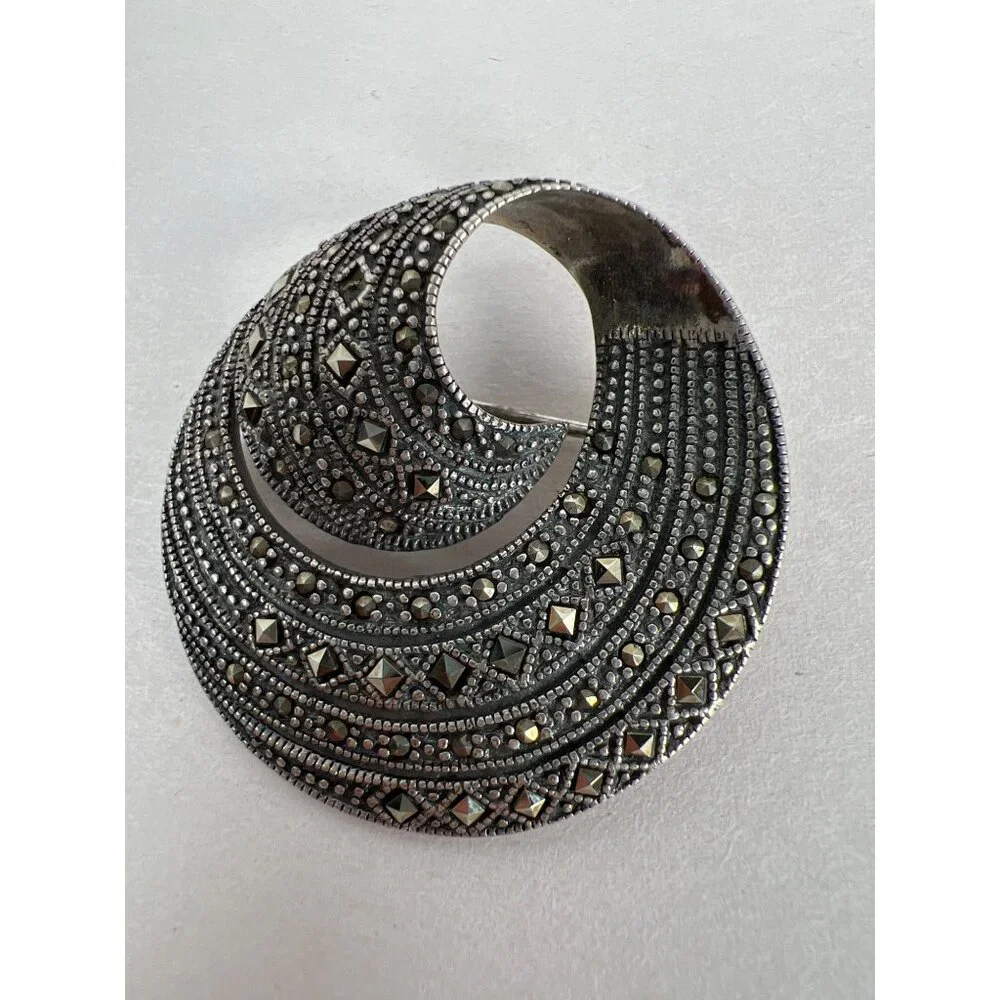 Jewelry Vintage 925 Sterling Silver Marcasite Swirl Brooch Pin 20s Art Deco Core - Picture 6 of 9